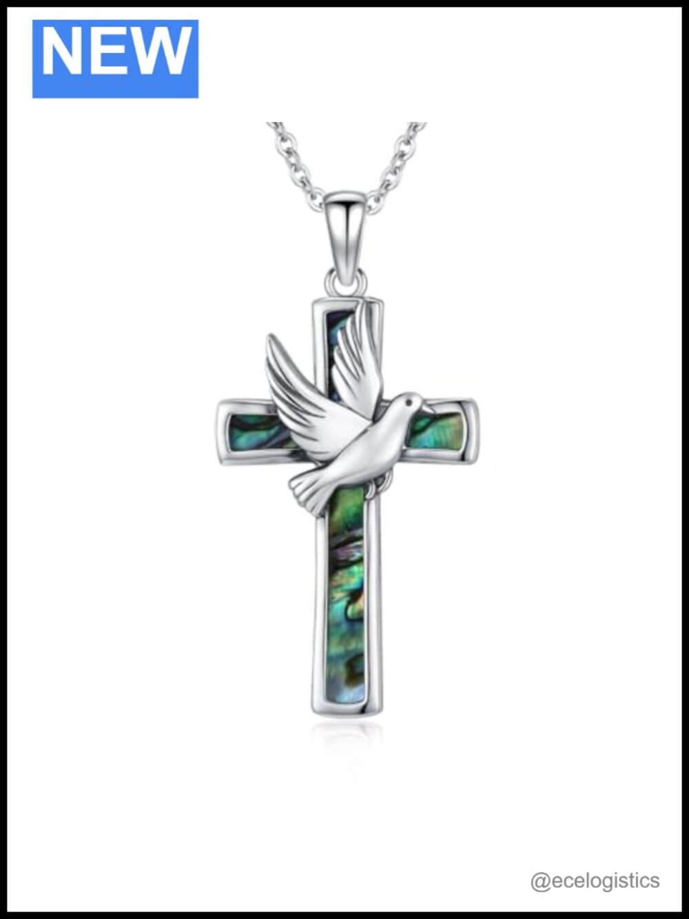 Sterling Silver Dove Cross Pendant Necklace Abalone Inlay